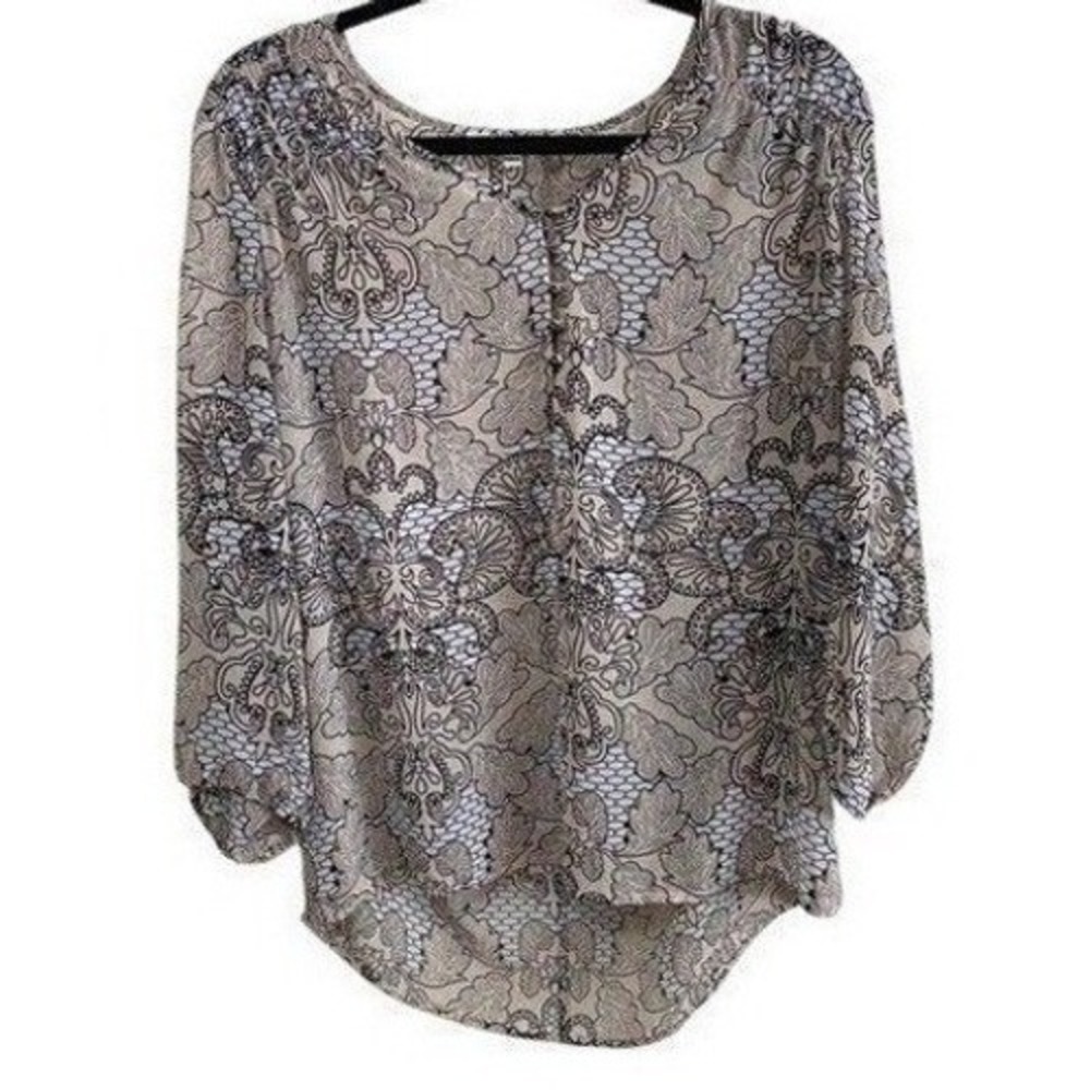 Black Rainn‎ Sheer Art Nouveau Blouse L Button Front Neutral Boho Flowy